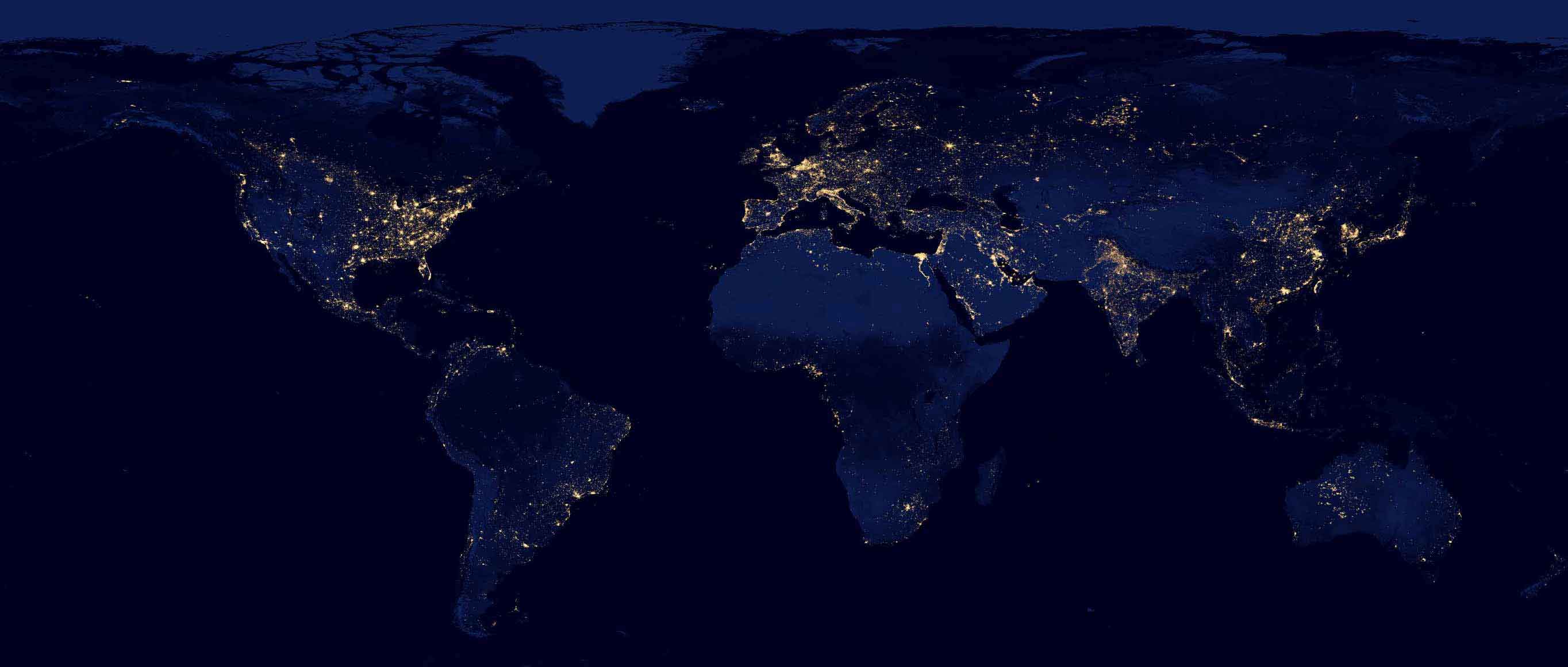 Nighttime global map showing city lights from space